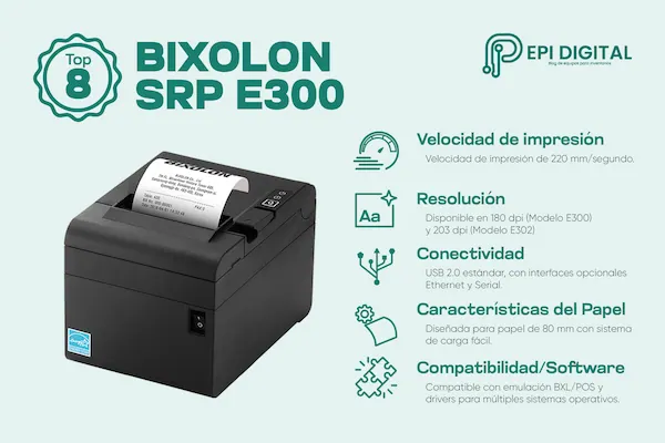 infografía sobre las características de la impresora térmica ticketera BIXOLON SRP-E300