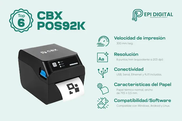 infografía sobre las características de la impresora térmica ticketera CBX POS92K