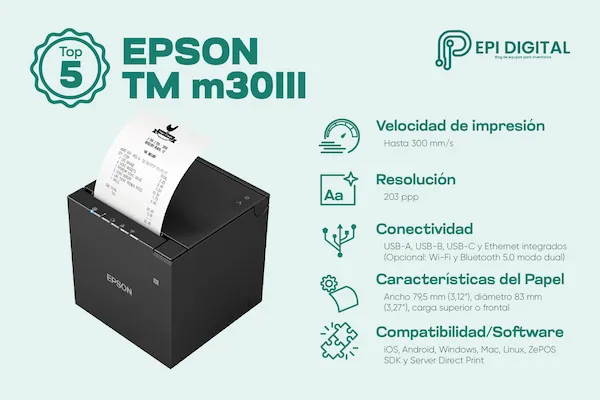 infografía sobre las características de la impresora térmica ticketera EPSON TM-m30III