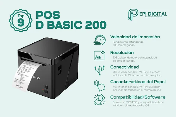 infografía sobre las características de la impresora térmica ticketera POS D BASIC 200
