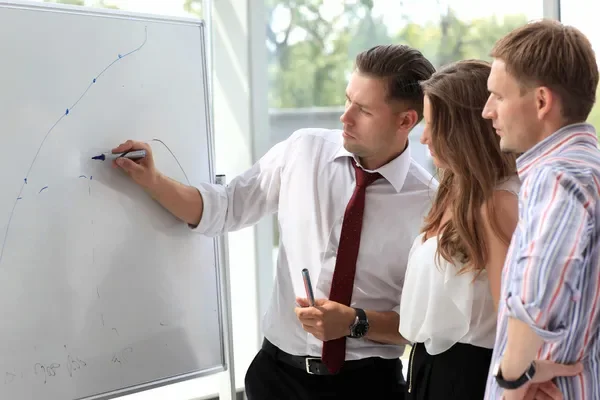 jefe siguiendo las directrices del liderazgo empresarial, apoyando a su equipo y recibiendo ideas