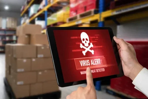 alerta de virus dentro de un equipo para inventarios dentro de un almacén, requiriendo un mantenimiento correctivo de manera urgente