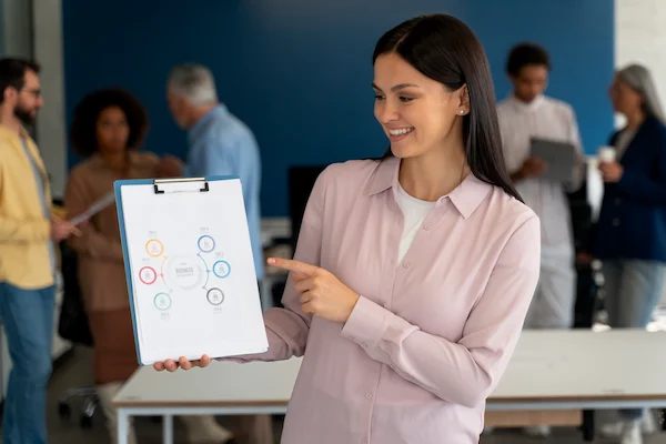 gerenta feliz por ver los resultados tras medir los indicadores de rendimiento de bienestar laboral