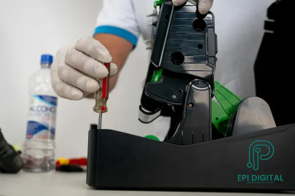 primer plano de técnico realizando acciones de soporte técnico de impresoras de etiquetas