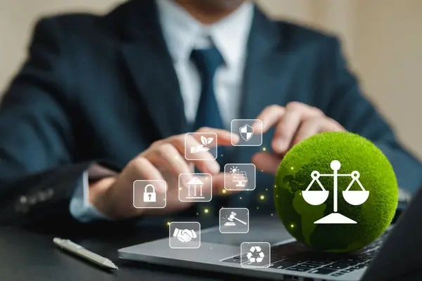 empleado usando su ordenador mientras aparecen iconos que representan la responsabilidad social empresarial