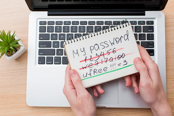 una laptop en primer plano con una mano sosteniendo una nota con las contraseñas vulnerables tachadas y mostrando una contraseña segura