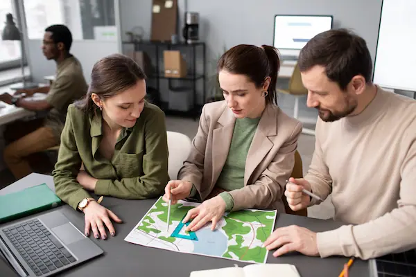 empresarios trabajando en soluciones verdes para su empresa en el día de la tierra