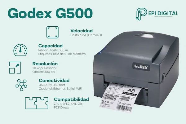 infografía sobre las Especificaciones técnicas de la impresora de etiquetas Godex G500