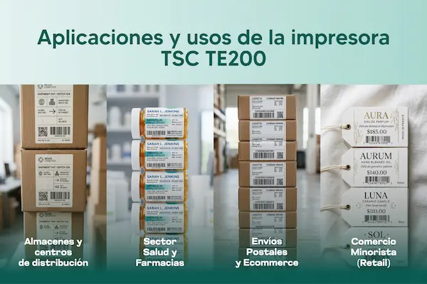 infografía sobre las Aplicaciones y usos recomendados de la impresora TSC TE200