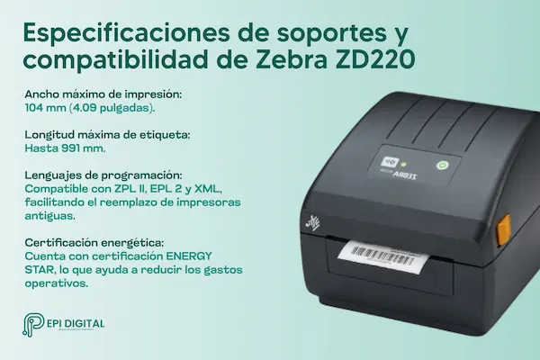 Especificaciones de soportes y compatibilidad de la Zebra ZD220